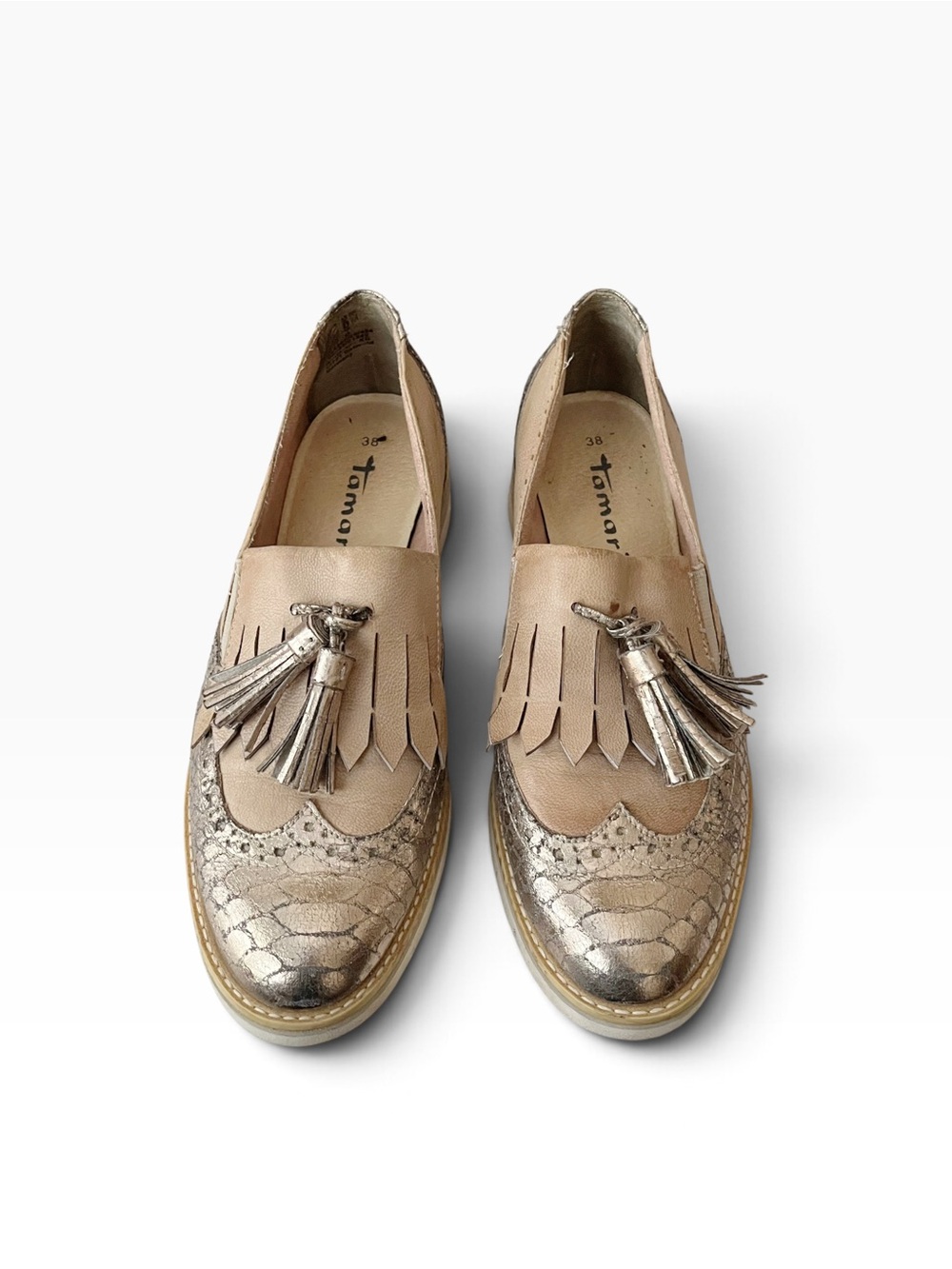 Tamaris Tassel Loafer Sneakers Women's Sz EU38 US7.5 Tan Metallic Silver Slip On